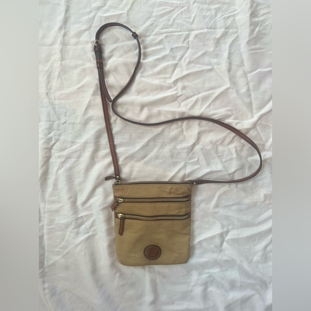 Dooney and Bourke Iconic Tan Crossbody Satchel Leather Stitched Strap